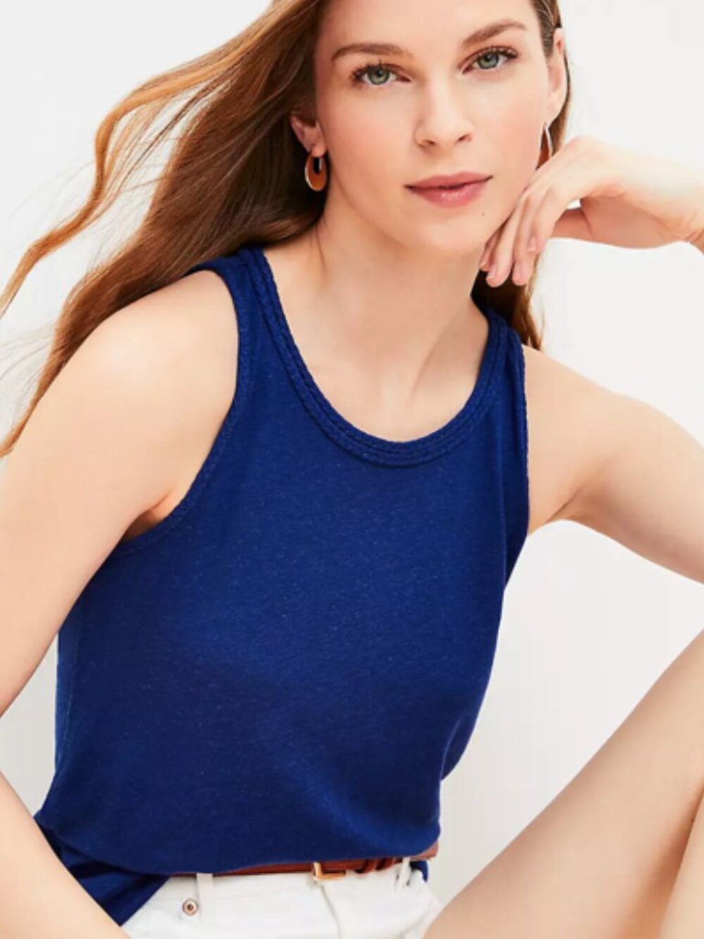 LOFT Deep Blue Linen-Modal Braided Neck Tank Top | Size M